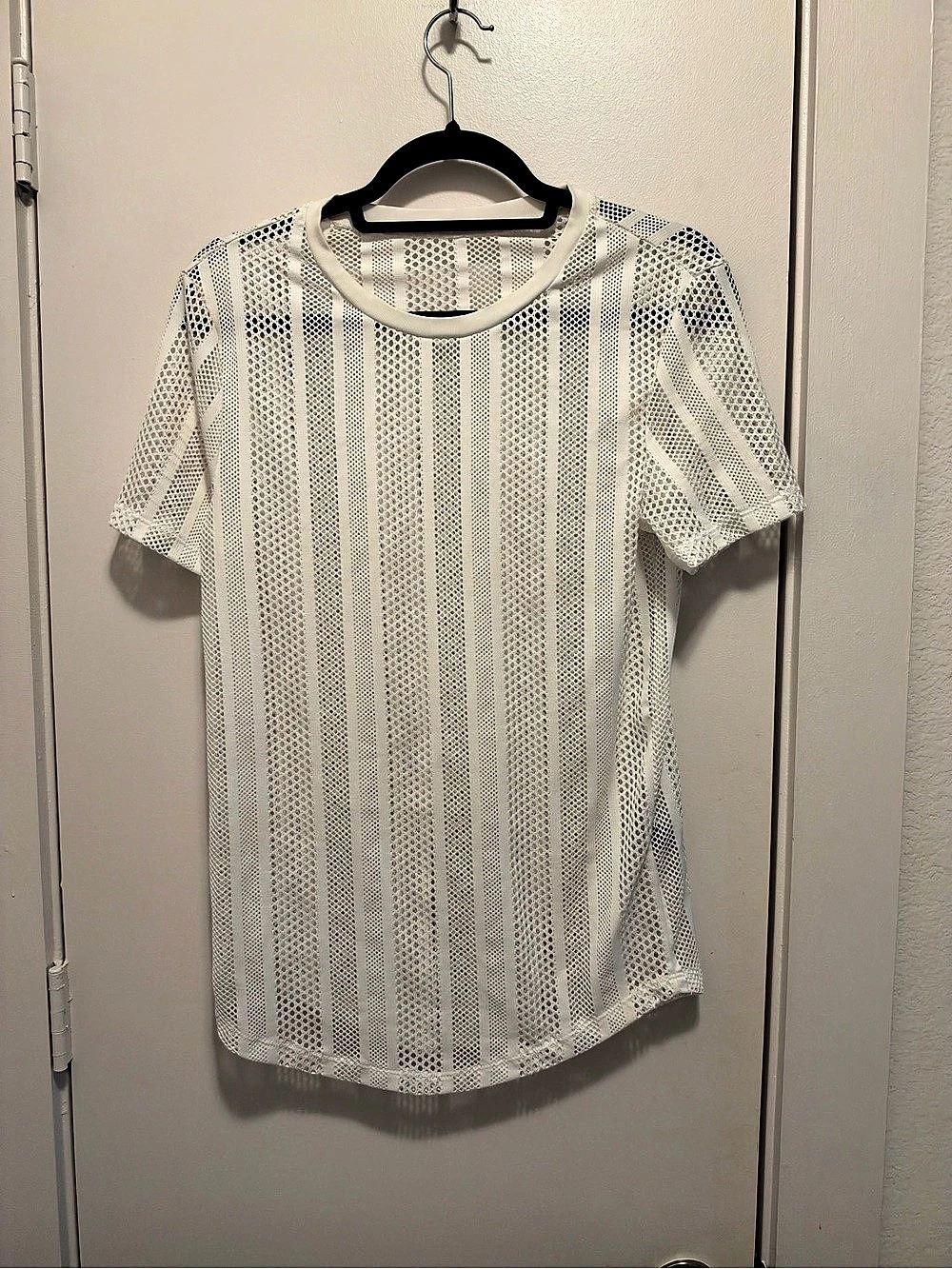 SHEIN Men's White Fishnet Mesh Tee Size S Sheer Striped Short Sleeve Shirt